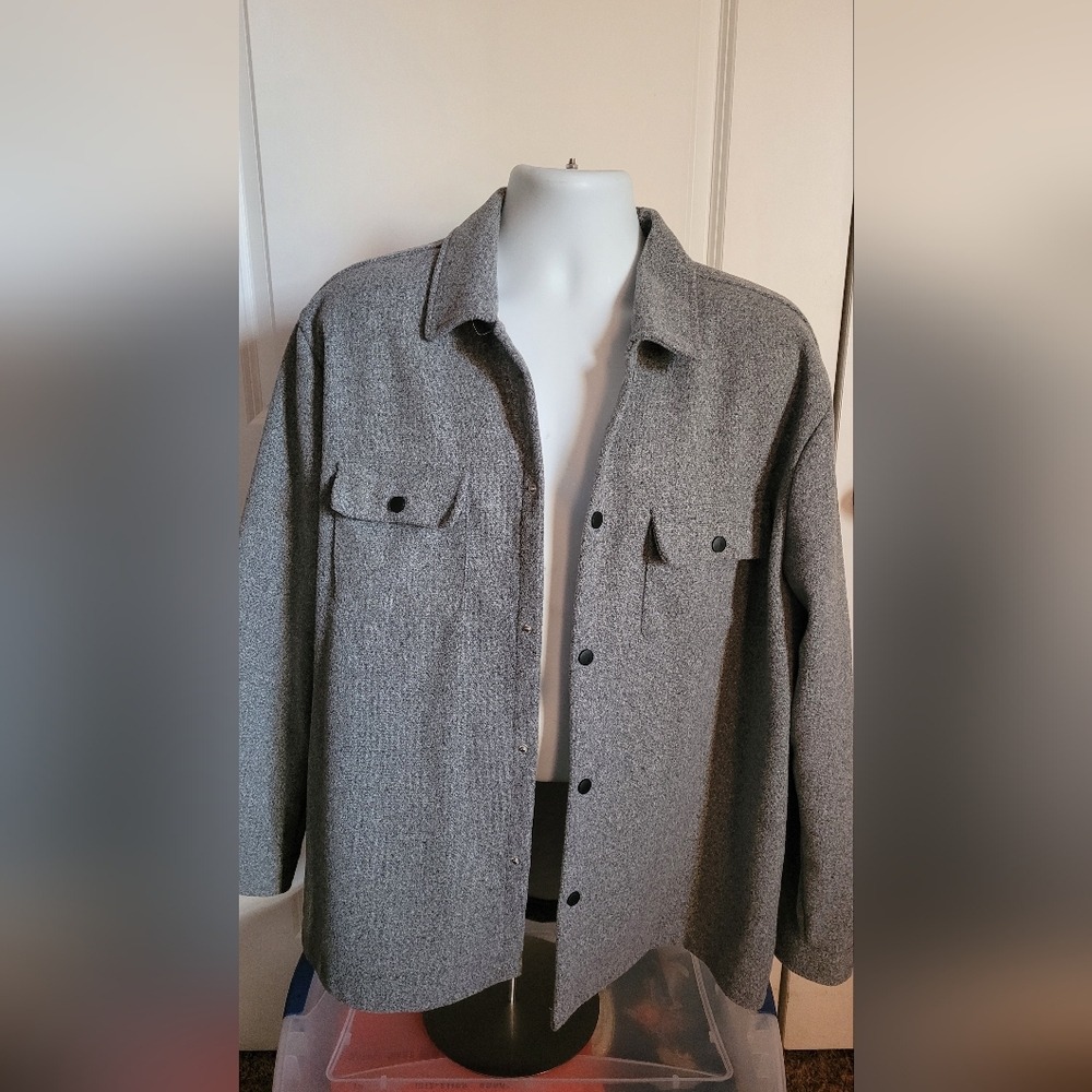 Men's Grey Button-Up Wool Blend Shacket